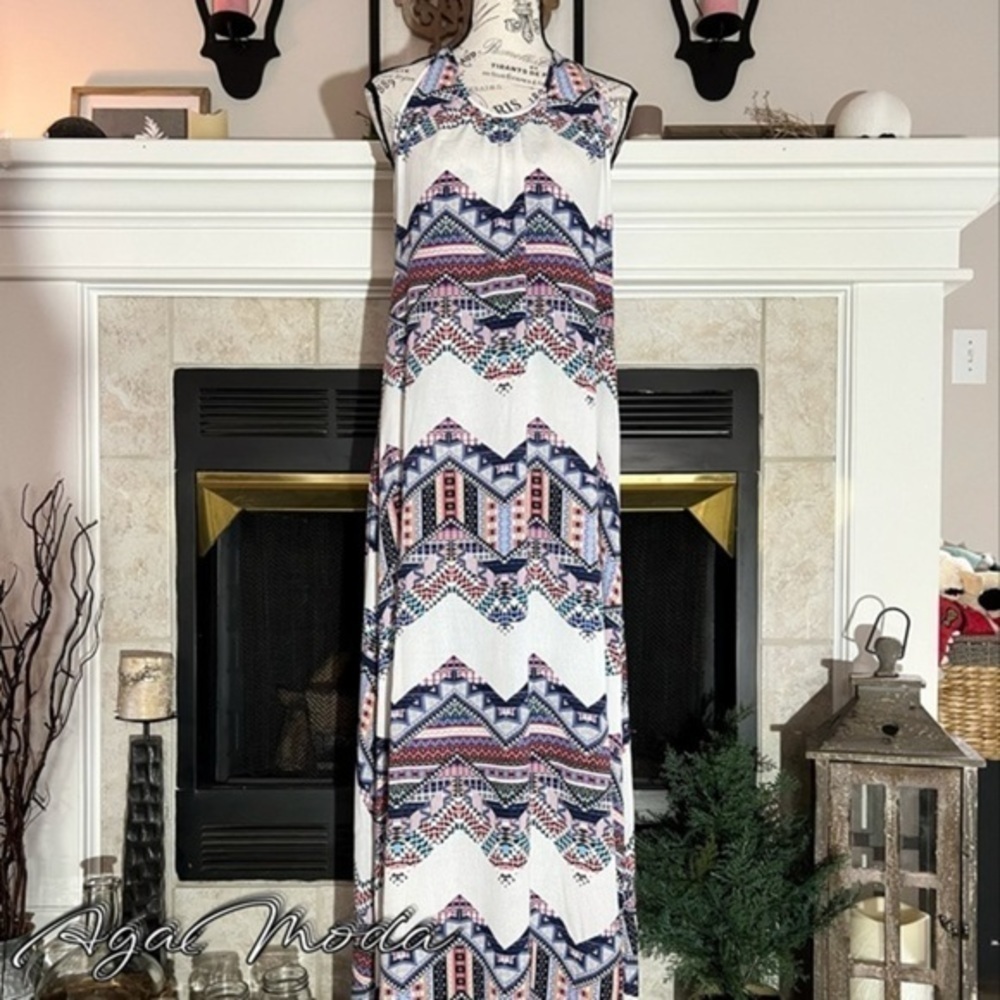 Black Bead Summer, Southwestern Print Maxi Dress with Low Back
